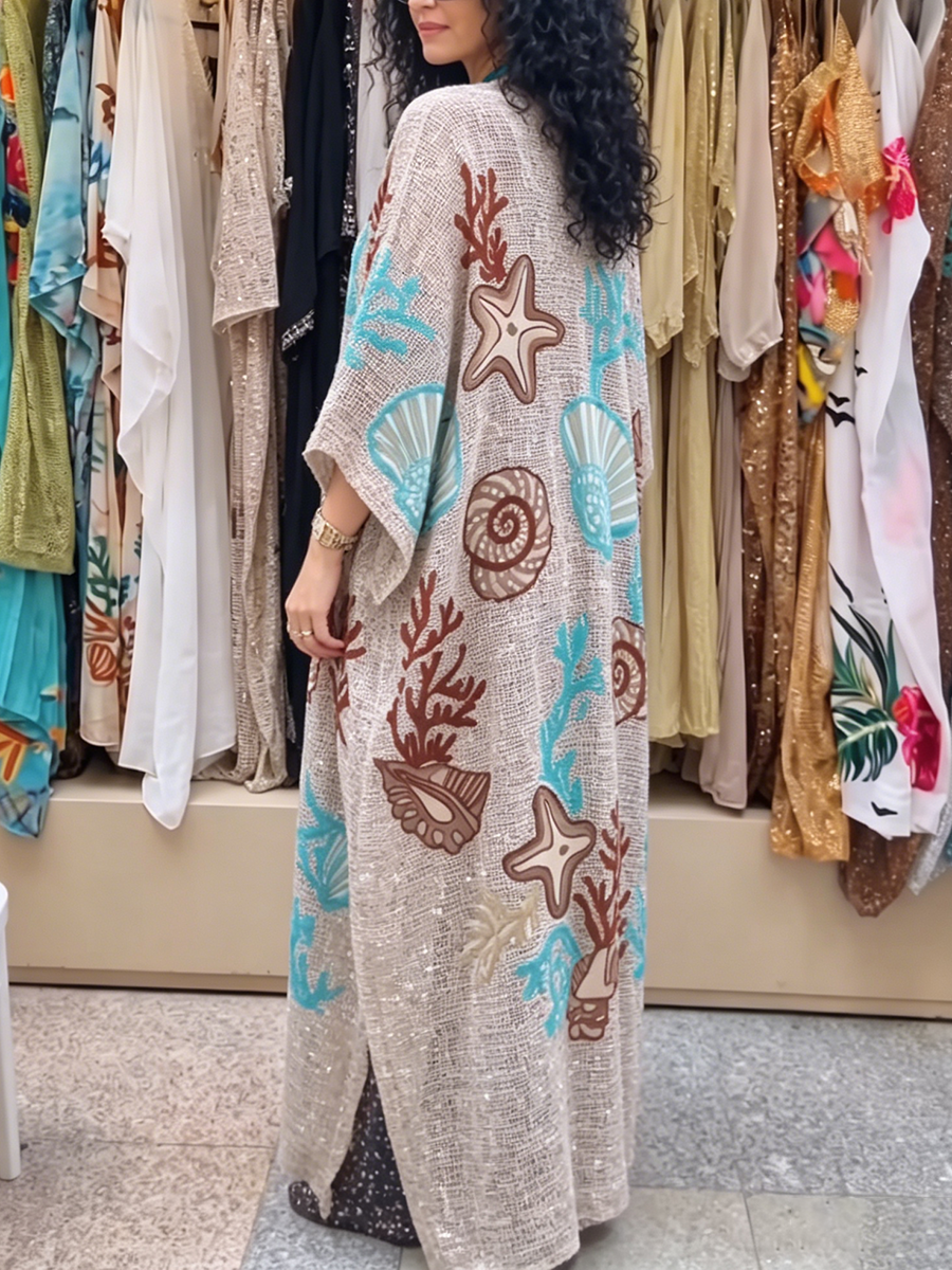 Vacation-style Knitted Kaftan Dress With Seashell And Coral Print