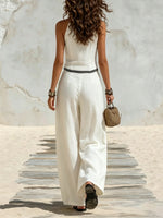 Women's White And Black Wavy Striped Decorated Cotton-linen Two-piece Set