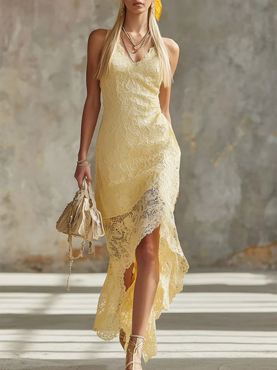 Women's Yellow Lace Sleeveless Maxi Dress