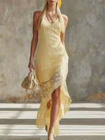 Women's Yellow Lace Sleeveless Maxi Dress