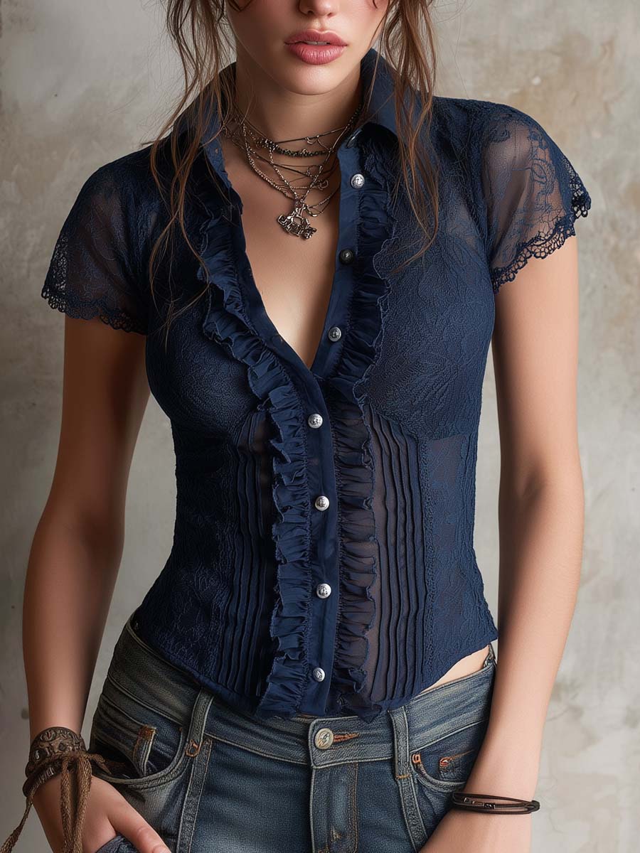 Sheer Lace Ruffled Fitted Short-sleeve Blouse