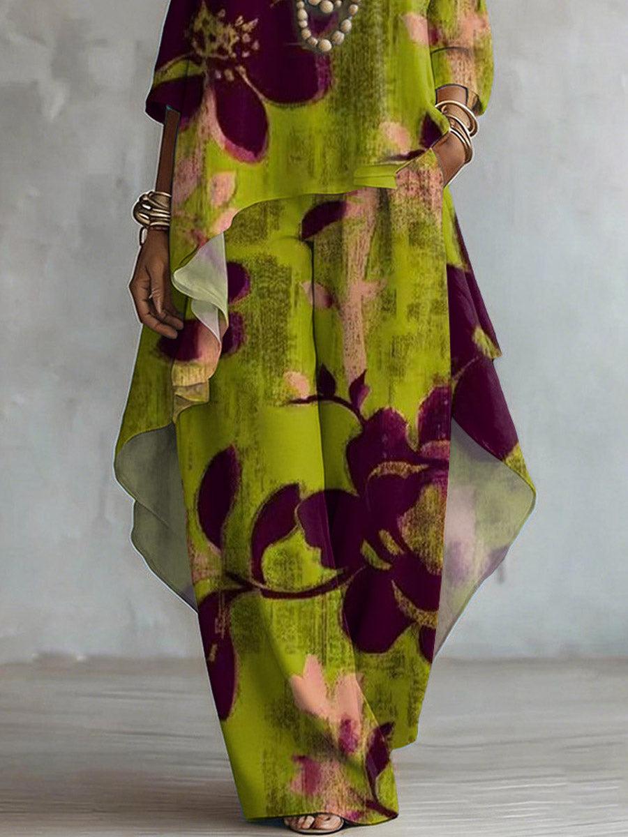 Women's Retro Floral Art Print Casual Stylish 3/4 Sleeve Cotton Linen Suits