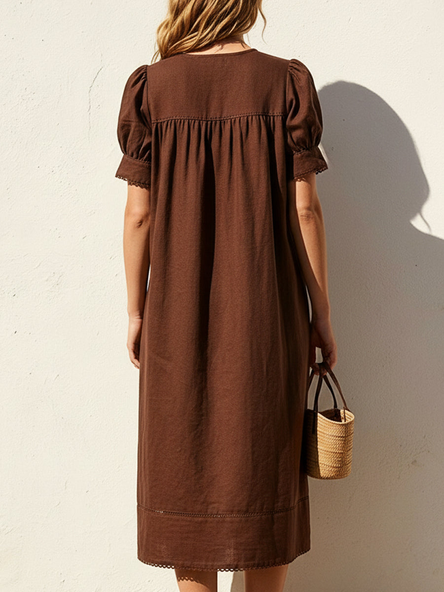 Lace Trim Puff Sleeve Linen Midi Dress