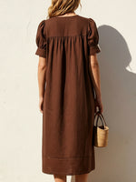 Lace Trim Puff Sleeve Linen Midi Dress