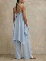 Women Light Blue 2 Piece Outfit, Spaghetti Strap Side Split Long Cami Top + High Waist Wide Leg Pants Casual Lounge Set