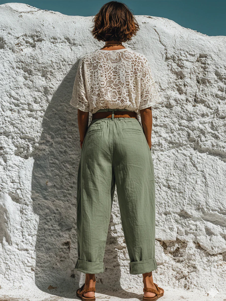 Stylish Casual Two-piece Set: Lace Top And Linen-cotton Trousers