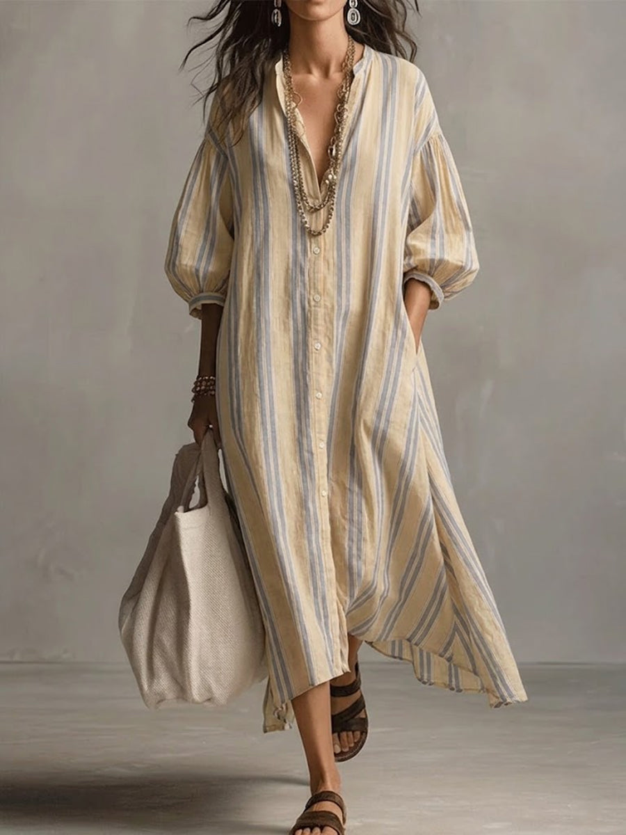 Women's Bohemian Loose-fit Striped Cotton-linen Dress