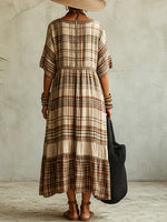 Plaid-paneled V-neck Drop-shoulder Cotton-linen Dress With Flared Hem And Mid-length Sleeves