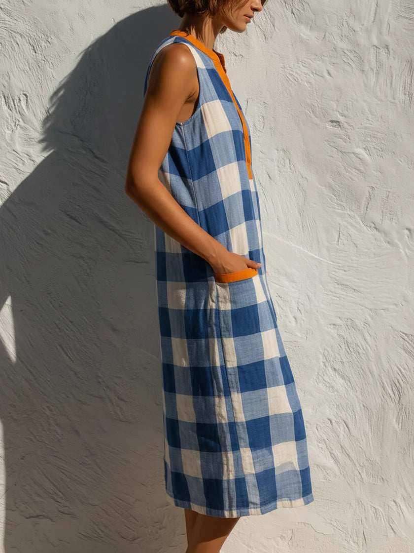 Casual Sleeveless Plaid Linen And Cotton Dress