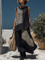 Casual Two-piece Set: Sleeveless Top And Skirt Featuring Black Linen-cotton And Plaid Patchwork
