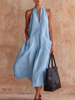 Women's Casual Retro V-neck Linen Slip Dress