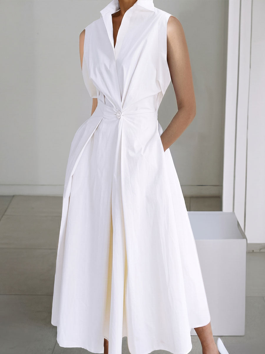 Women's Minimalist Solid-color V-neck Button-front Flared Dress