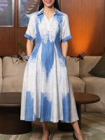 Elegant Art-print Slim-fit A-line Linen-cotton Dress