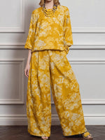 Women's Vintage-print Round-neck 3/4-sleeve Loose-fit Cotton-linen Top & High-waisted Wide-leg Pants Set