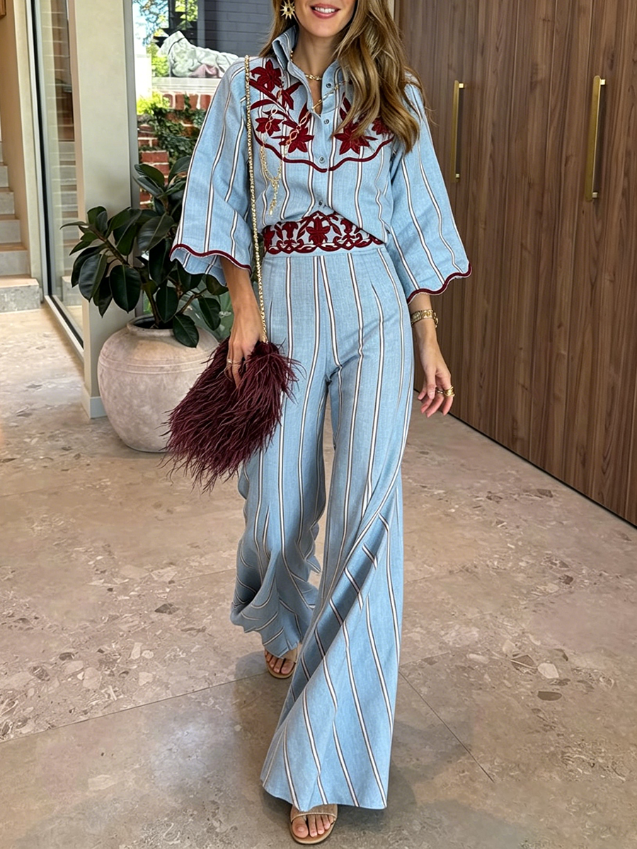 Boho Retro Striped Red Floral Print Shirt And Flared Pants Two-piece Set