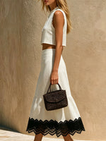Women's Color-block Lace-trimmed White Round Neck Sleeveless Cotton-linen Shirt And Skirt Set
