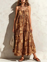 Women's Vintage Print Crew Neck Sleeveless Casual Loose Cotton-linen Dress