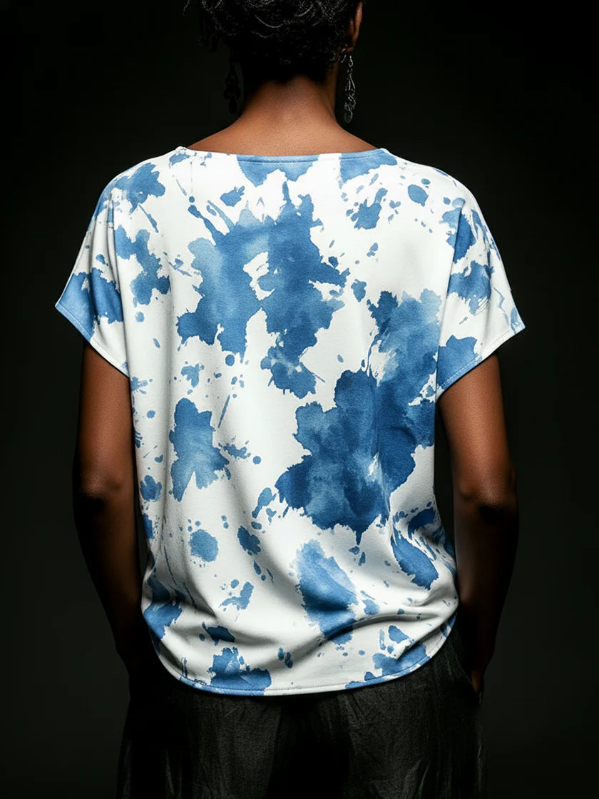 Casual & Cozy Cotton Top With Artistic Print And Cowl Neck