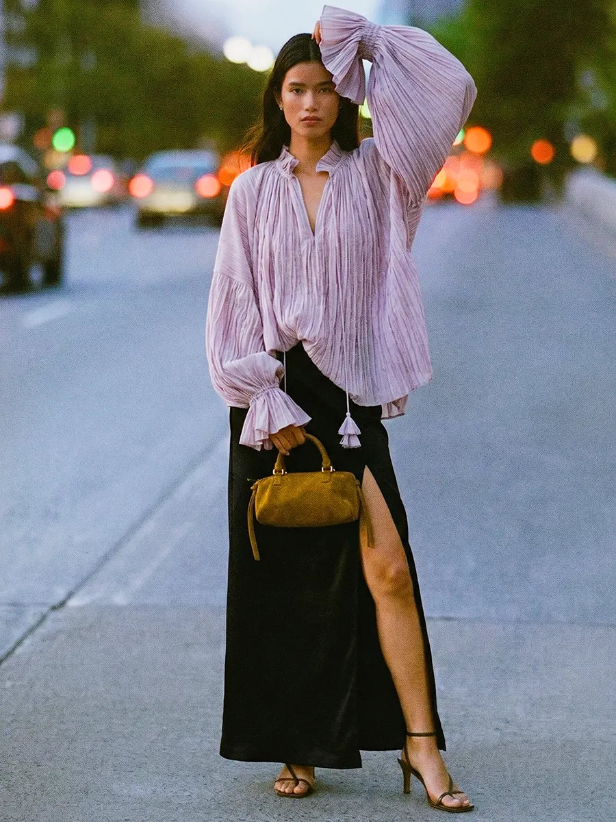Women Vintage Pleated Frill Mandarin Collar Voluminous Bishop Sleeve Blouse