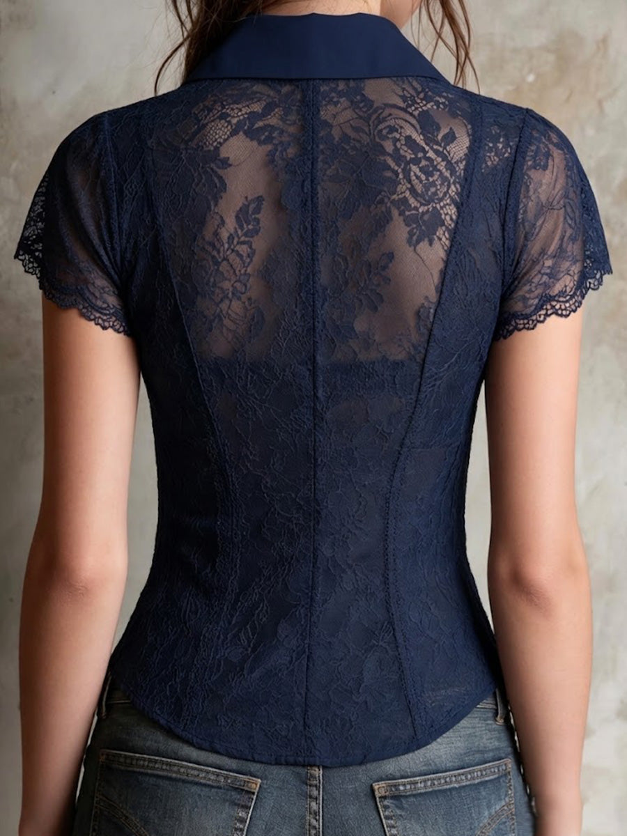 Sheer Lace Ruffled Fitted Short-sleeve Blouse