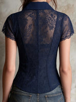 Sheer Lace Ruffled Fitted Short-sleeve Blouse