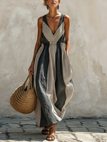 Color-blocked Vertical Stripe V-neck Sleeveless Swing Dress