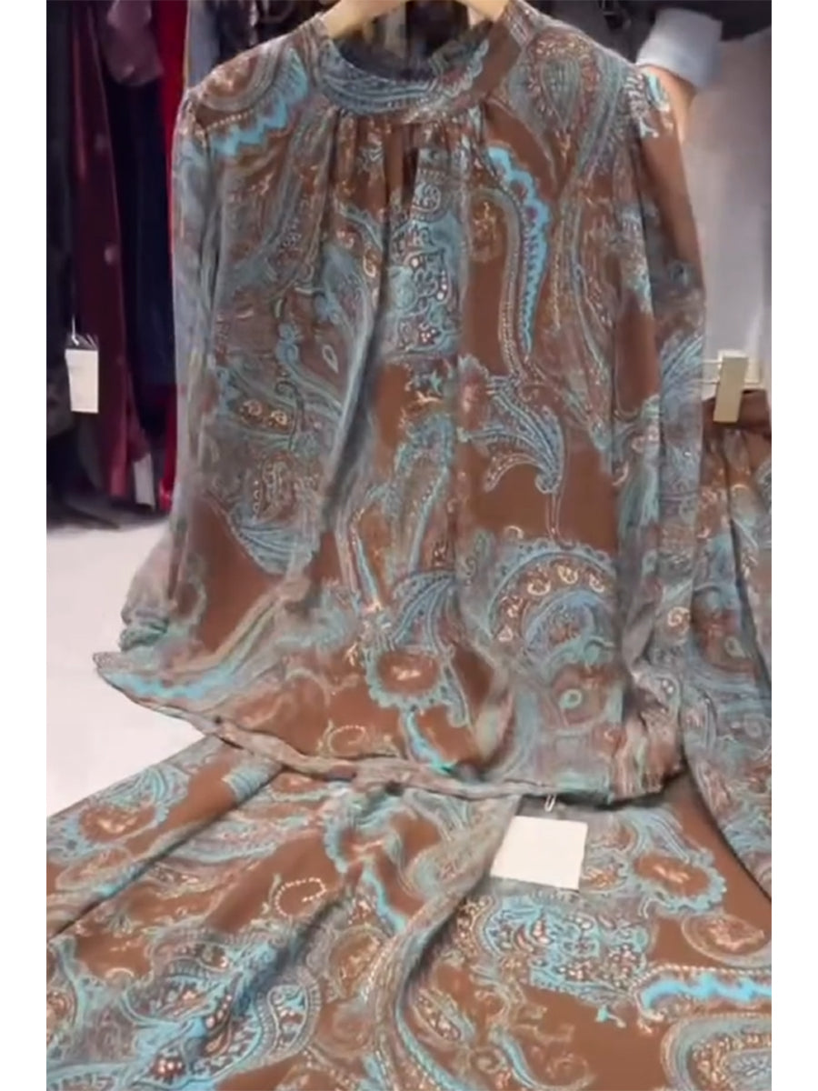 Comfortable Bohemian Paisley-print Chiffon Shirt And Skirt Two-piece Set
