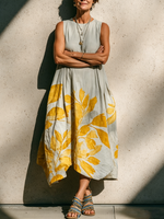 Botanical Print Sleeveless Linen-cotton Midi Dress