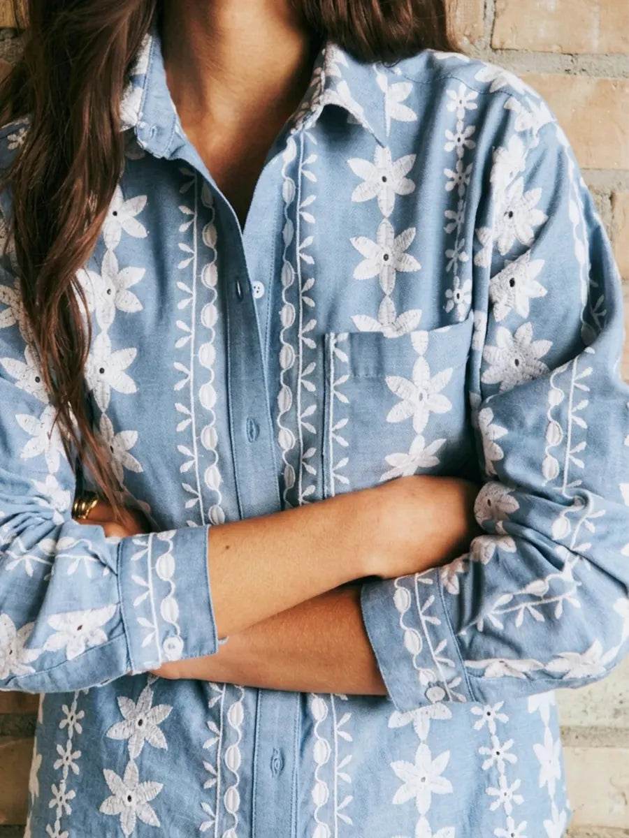 Women’s Vintage Blue Floral Cotton Shirt