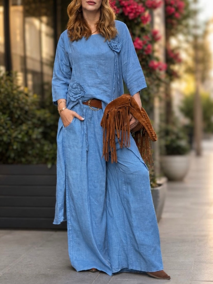 Casual Linen-cotton Long Top And Trousers Two-piece Set