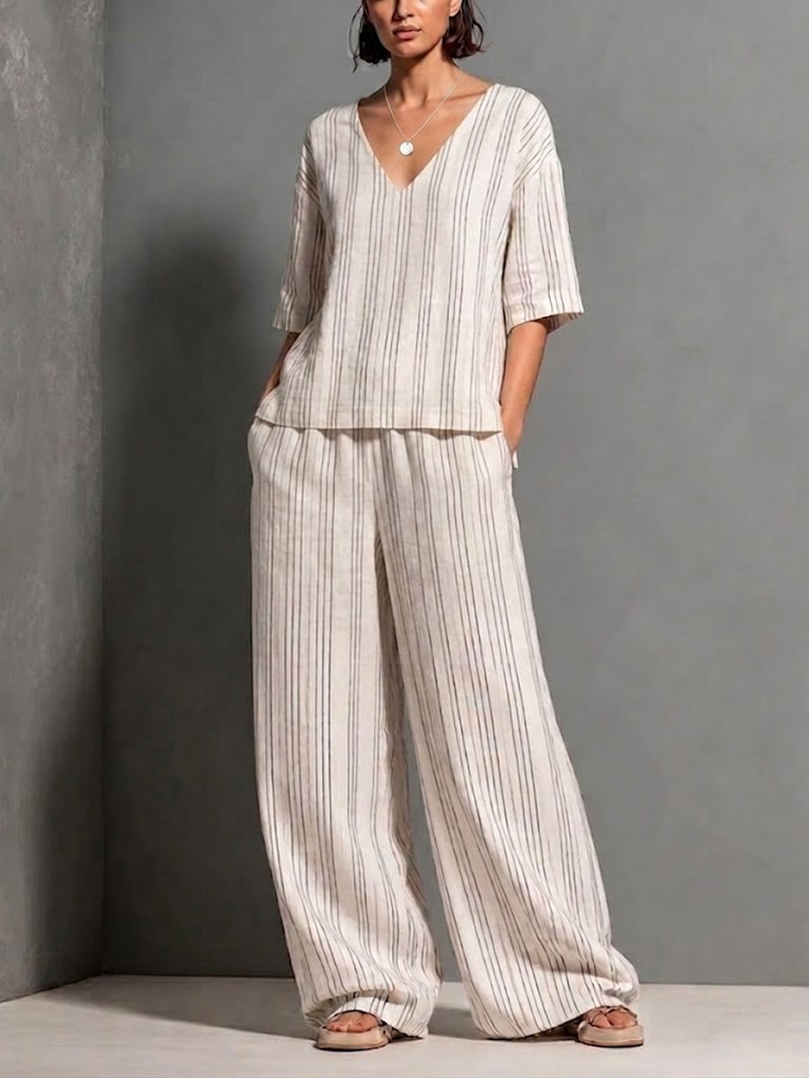 Women's Striped Cotton And Linen Casual Set