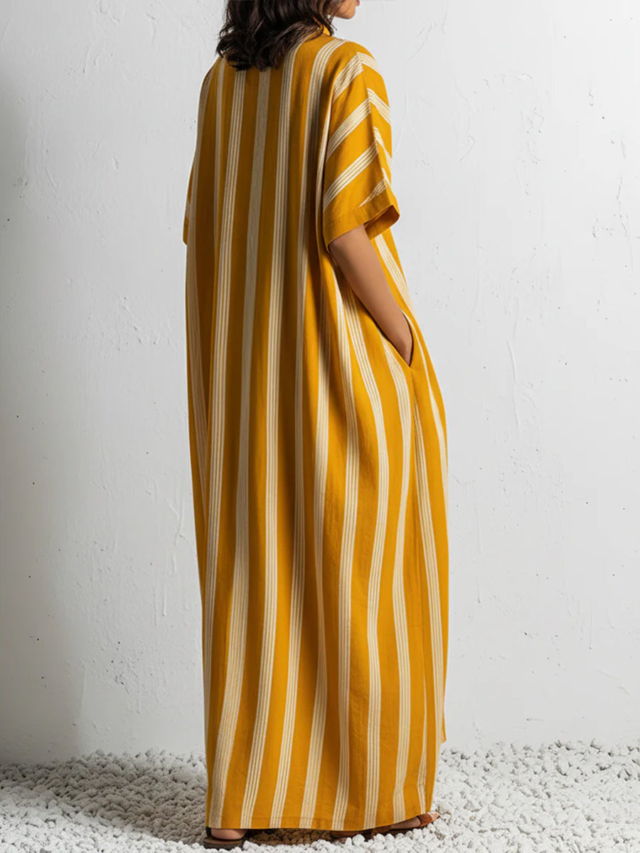 Loose-fit Casual Striped Linen-cotton Shirt Dress