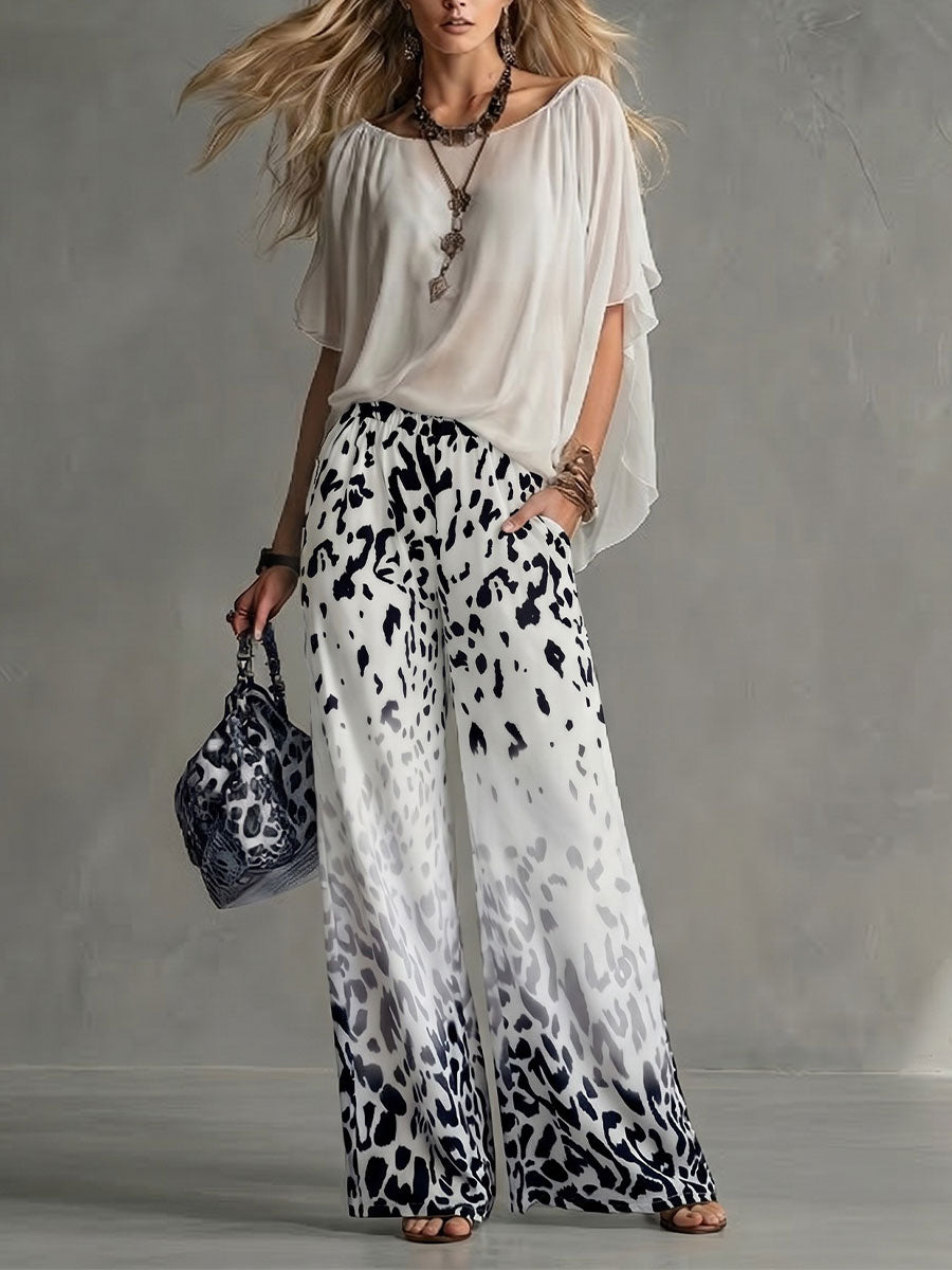 Women's Printed Chiffon Short-sleeve Top And Trouser Set (round Neck)