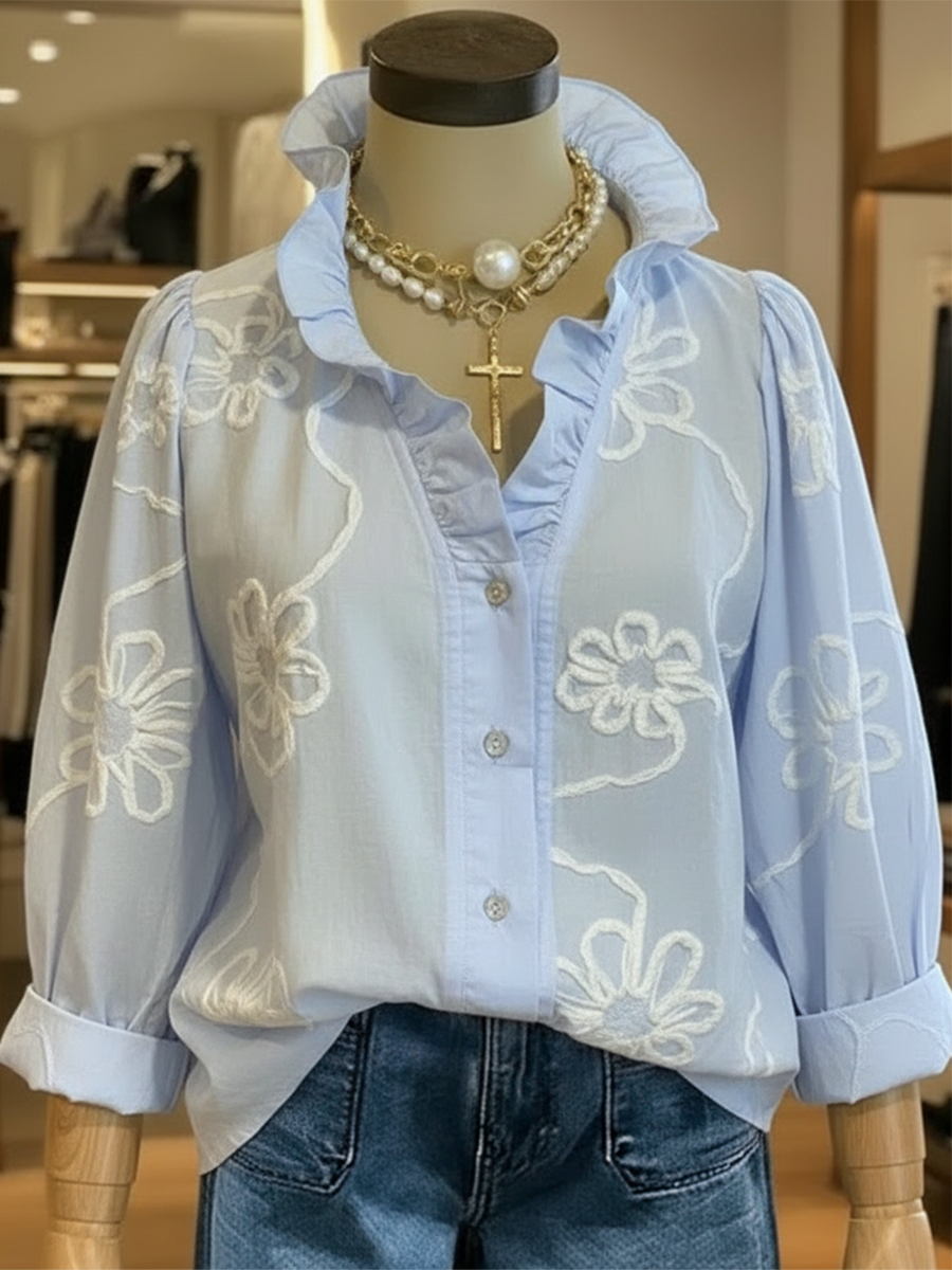 Camicia in cotone casual e romantica con colletto a volant
