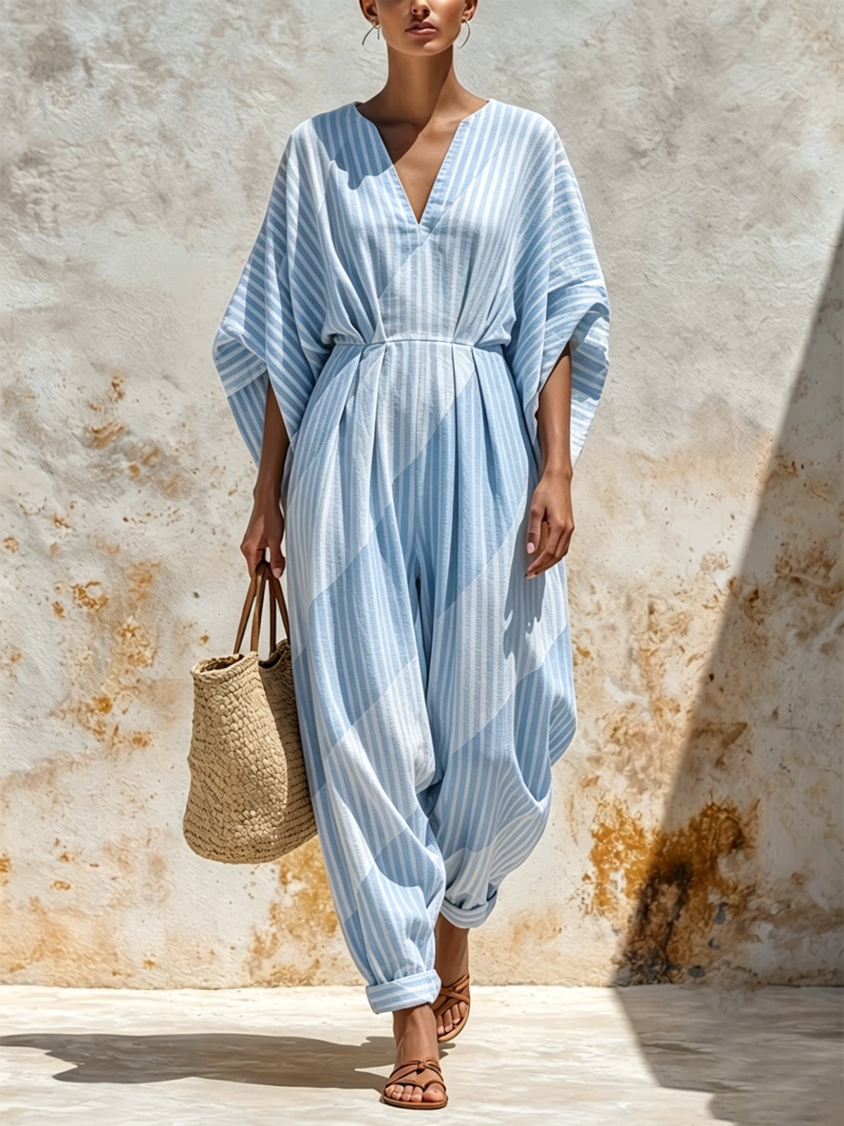 Vertical-striped V-neck Cotton Jumpsuit Featuring A Cinched Waist, Rolled Cuffs, And Loose-fitting Batwing Mid-length Sleeves.