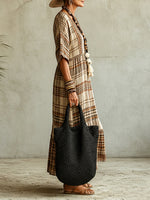 Plaid-paneled V-neck Drop-shoulder Cotton-linen Dress With Flared Hem And Mid-length Sleeves