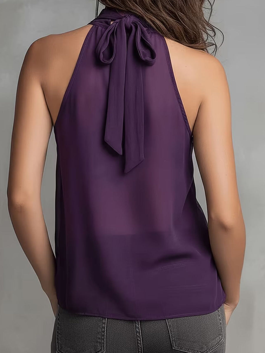 Women's Solid Color Sleeveless Chiffon Top With High Neck Ruffles And Loose Casual Fit
