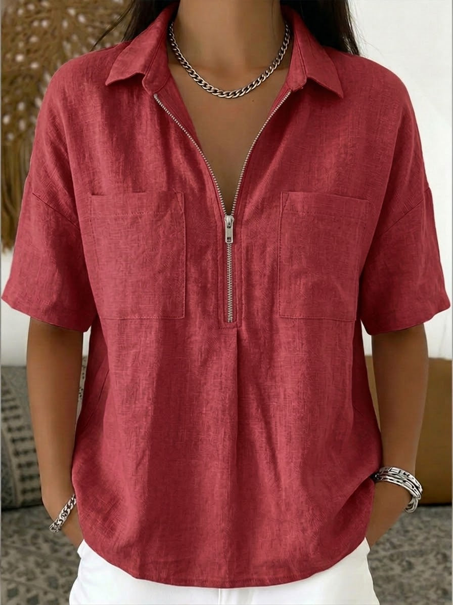Camicia casual in lino e cotone con mezza zip
