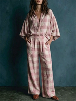 Two-piece Set: Cotton-linen Top With A Partial Button Placket, Plaid Pattern, And Batwing Mid-length Sleeves + Wide-leg Pants With An Elastic Waist.