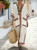 Women's Casual Loose Cotton-linen Dress With Placement Print V-neck And 3/4 Sleeves
