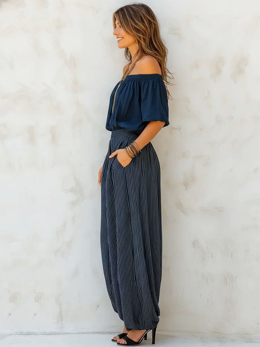 Casual Off-shoulder Linen & Cotton Top With Striped Lantern Pants Two-piece Set