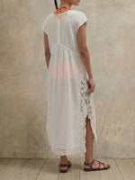 Women White Crinkled V Neck Cap Sleeve Midi Cover Up Dress, Lace Trim Side Split Beach Swimwear Kaftan for Vacation