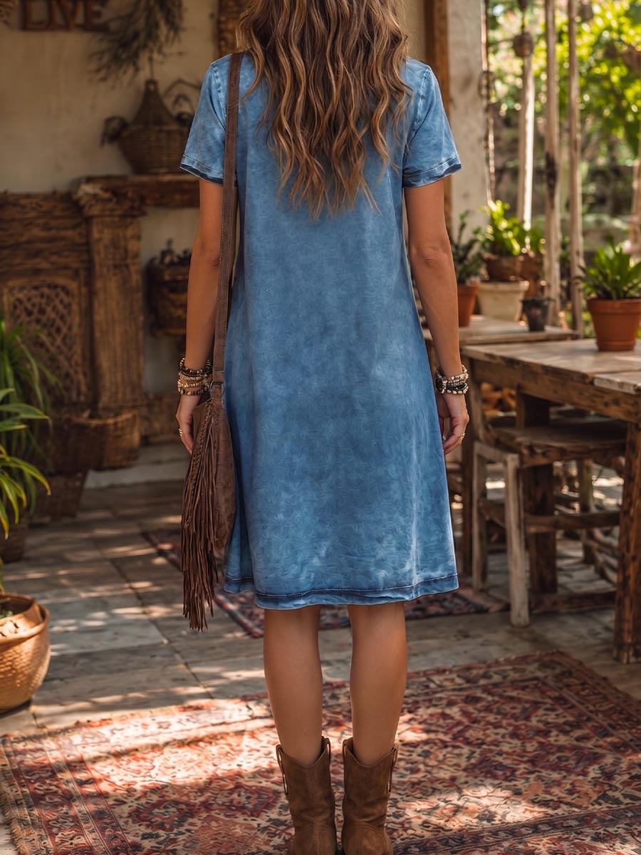 Women's Faux-denim Positioned-print Cotton Dress — Crew Neck Short Sleeve Casual Loose Fit