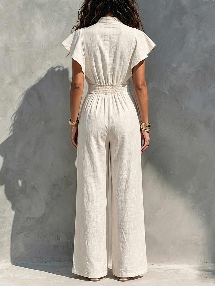 Vacation-Style Women's Linen-Blend Jumpsuit — Stand Collar, Chinese Knot Buttons, Flowy Short Sleeves, High Waist, and Wide-Leg Pants