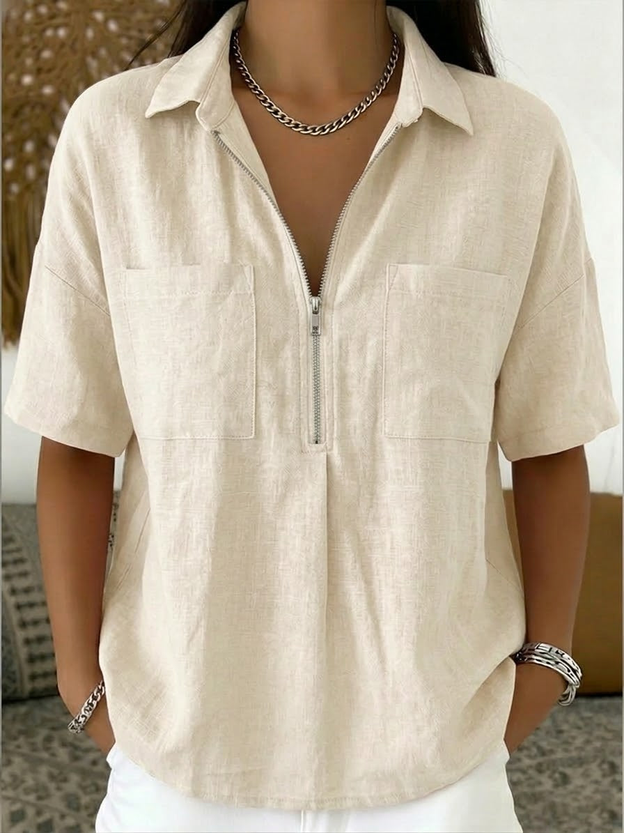 Camicia casual in lino e cotone con mezza zip