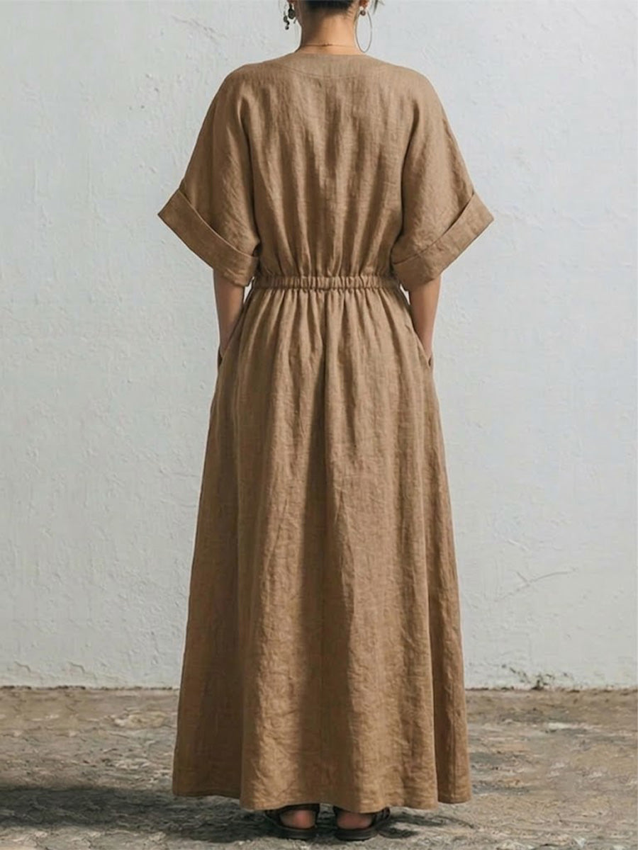 Wrap-style V-neck Cotton-linen Maxi Dress With Wooden Buttons, Batwing Short Sleeves, And A Fitted Waist.