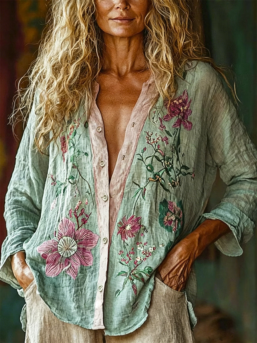 Women's Retro Floral Art Print Casual Cotton Linen Shirt