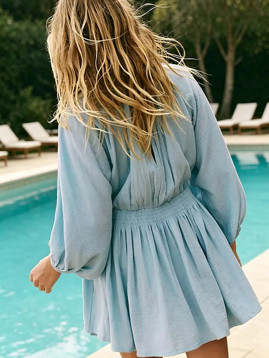 Bohemian Long Bishop Sleeve A-Line Short Dress for Vacation Poolside Wear