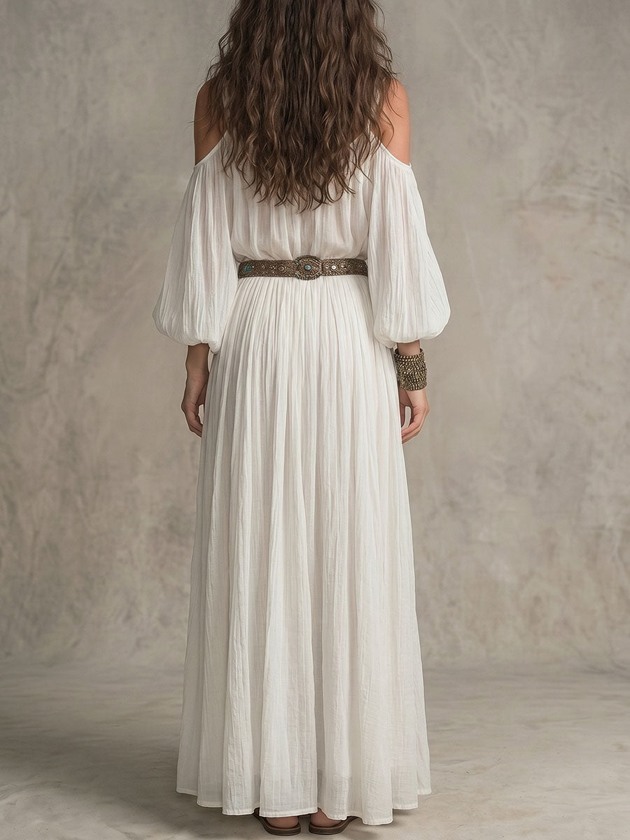Women's Loose-fit Casual V-neck Off-shoulder Long-sleeve Dress