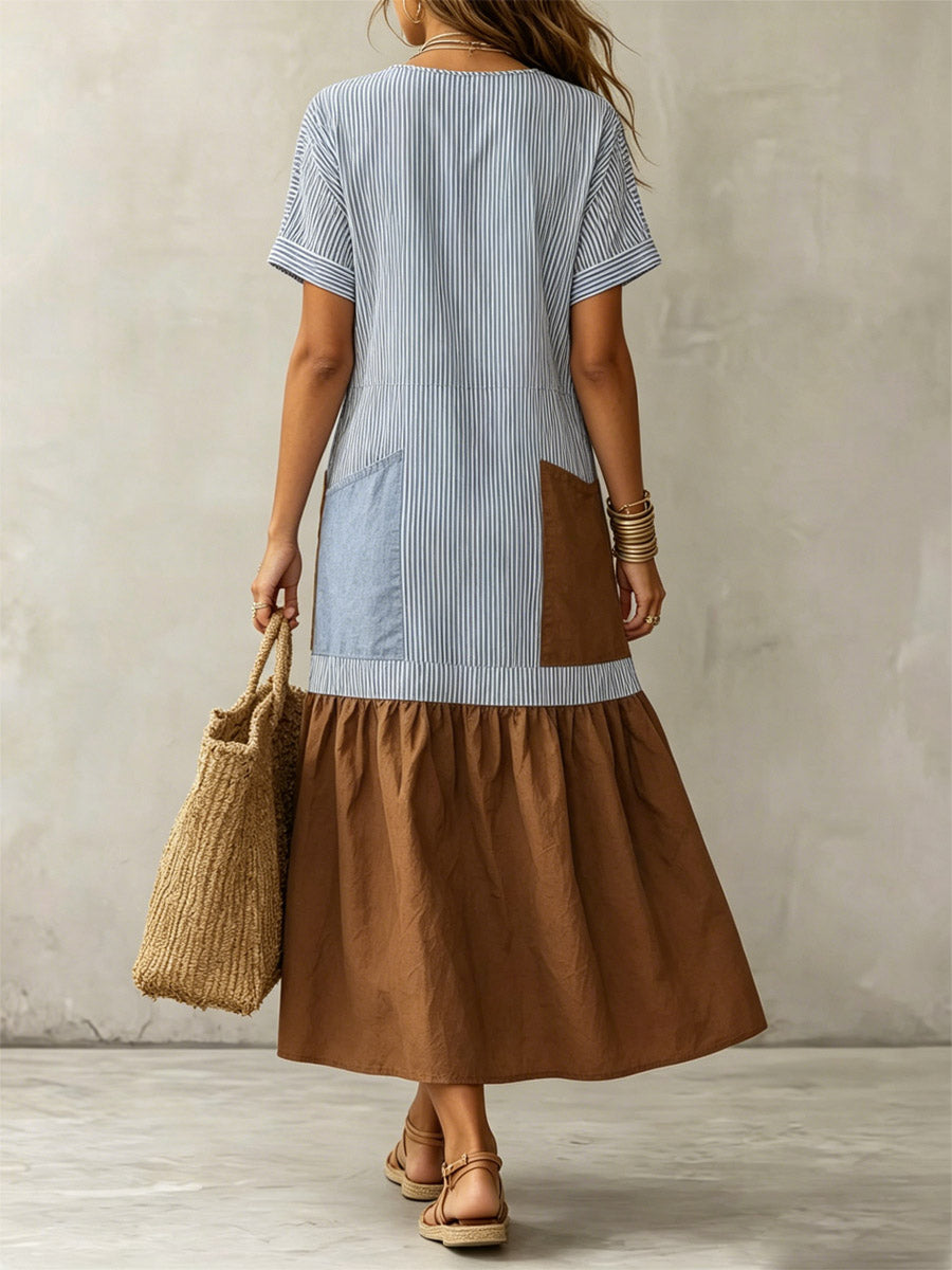 Women's Striped Elegant Art Patchwork Casual Cotton Linen Dress